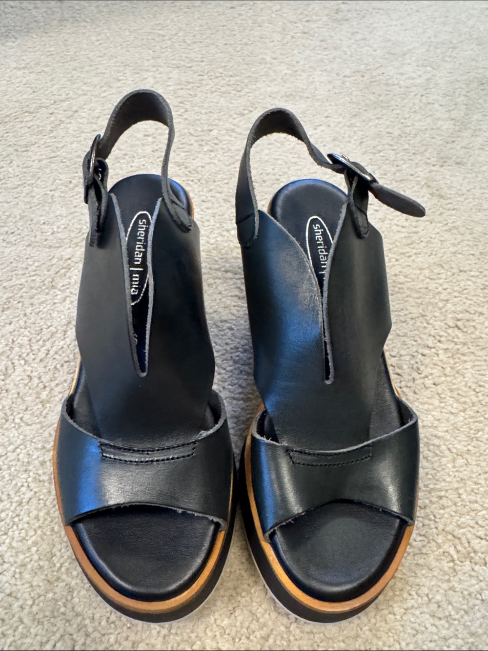 Sheridan Mia Black Leather Wedge Slingback Sandals with Tan Platform